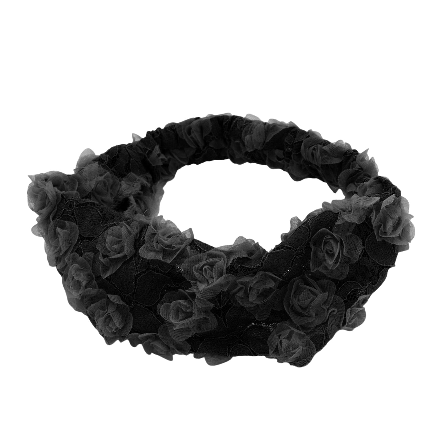 Diadema ancha de encaje con decoración de flores de malla para mujer, color negro, 1 pieza