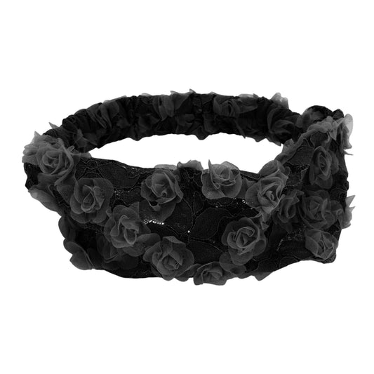 Diadema ancha de encaje con decoración de flores de malla para mujer, color negro, 1 pieza