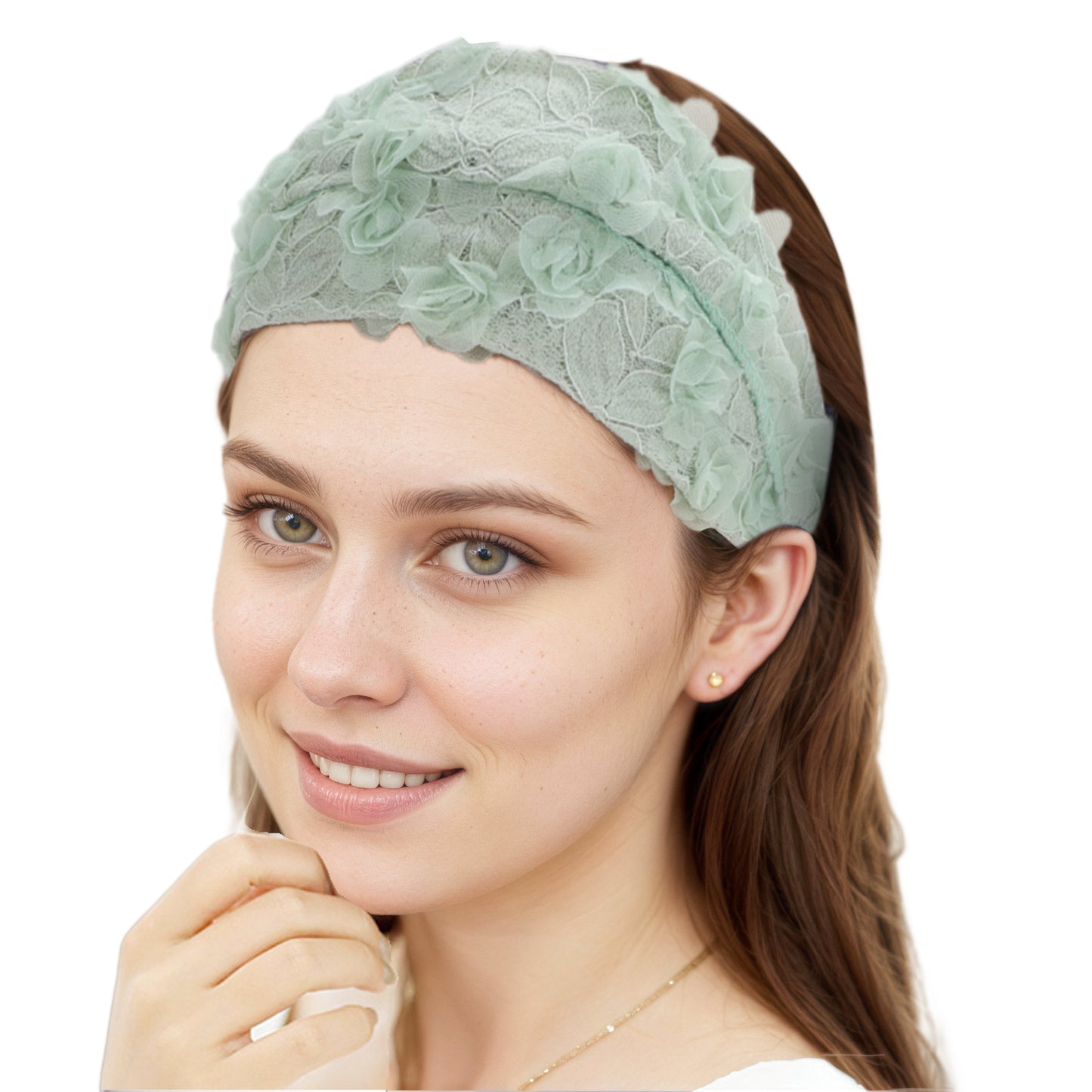 Diadema ancha de encaje con decoración de flores de malla para mujer, color verde claro, 1 unidad