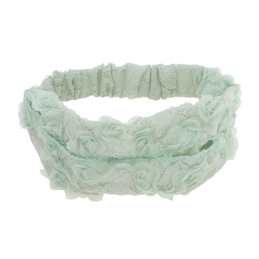 Diadema ancha de encaje con decoración de flores de malla para mujer, color verde claro, 1 unidad