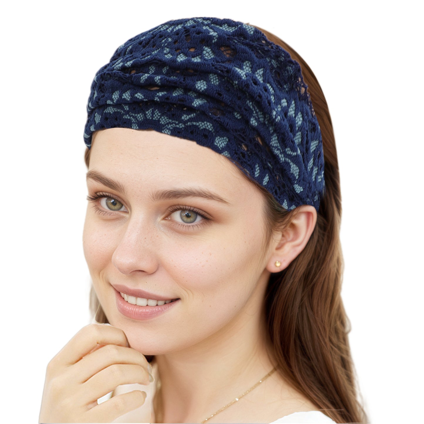 Diadema ancha de encaje fino con flores para mujer, azul marino, 1 pieza