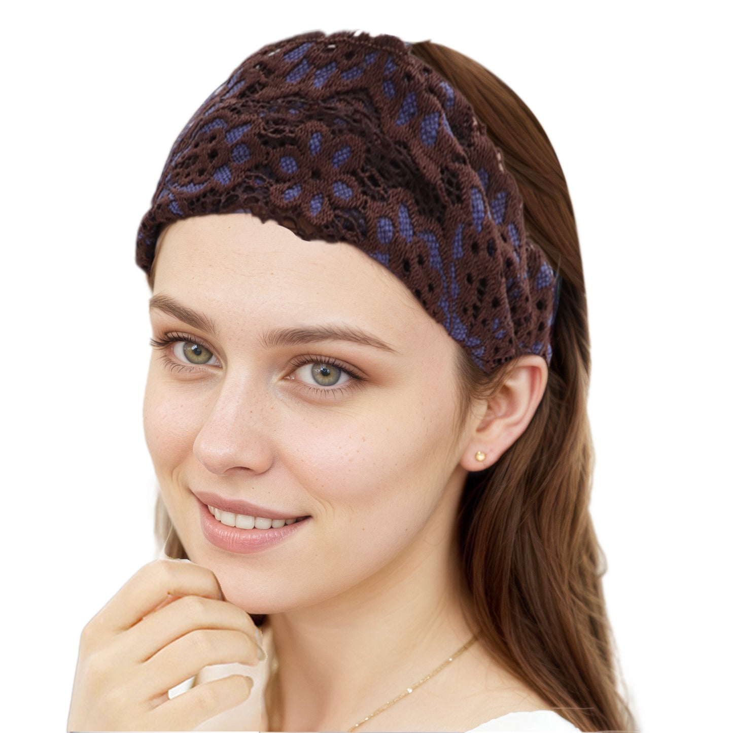 Diadema ancha de encaje fino con flores para mujer, color morado y café, 1 unidad