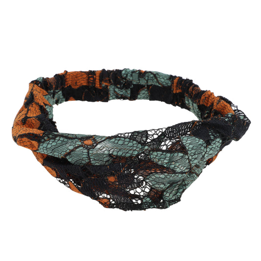Diadema ancha de encaje con flores de ocho hojas para mujer, color verde y naranja, 1 unidad