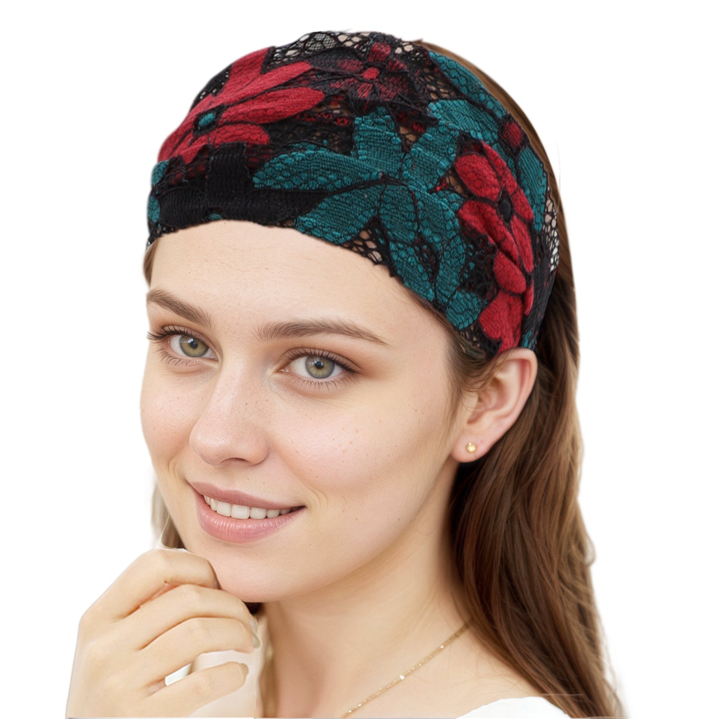 Diadema ancha de encaje con flores de ocho hojas para mujer, verde y rojo, 1 unidad