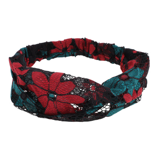 Diadema ancha de encaje con flores de ocho hojas para mujer, verde y rojo, 1 unidad