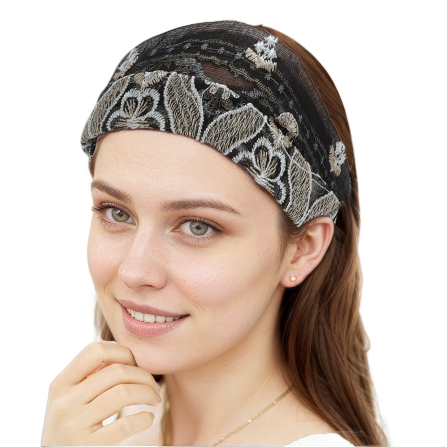 Diadema ancha de encaje con bordado de flores para mujer, color negro y beige, 1 unidad