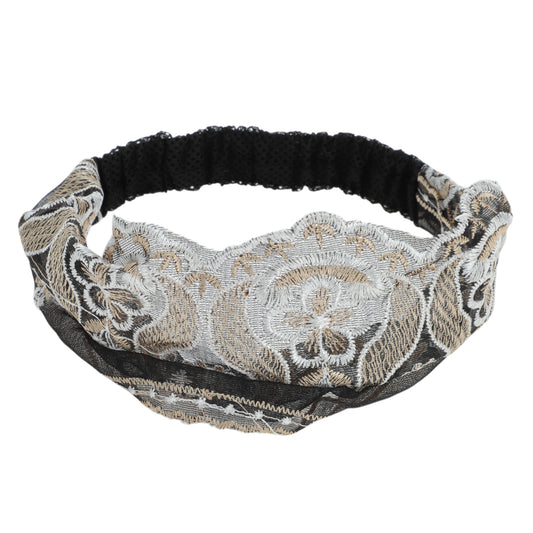 Diadema ancha de encaje con bordado de flores para mujer, color negro y beige, 1 unidad
