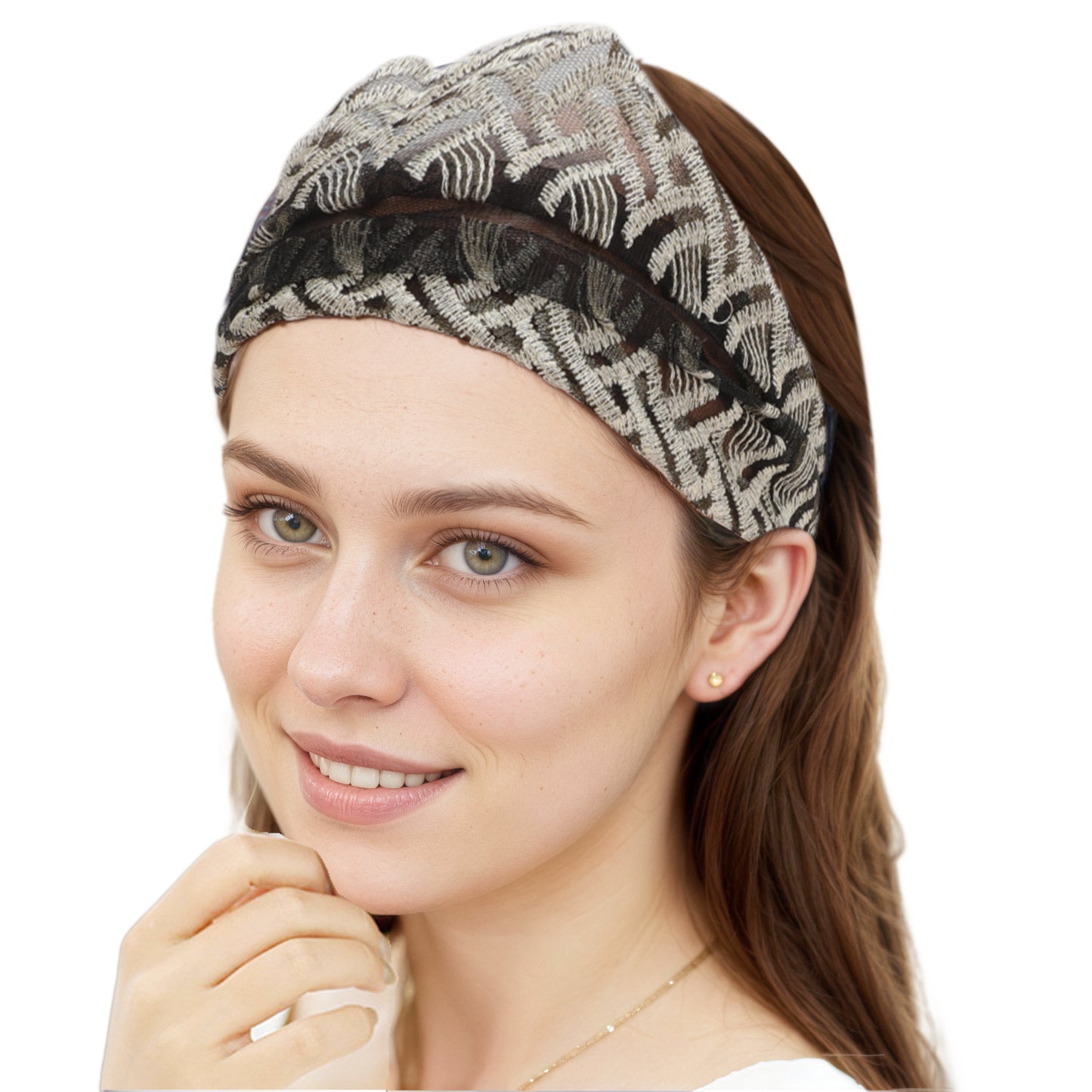 Diadema ancha de encaje con bordado de ondas para mujer, color negro y beige, 1 unidad