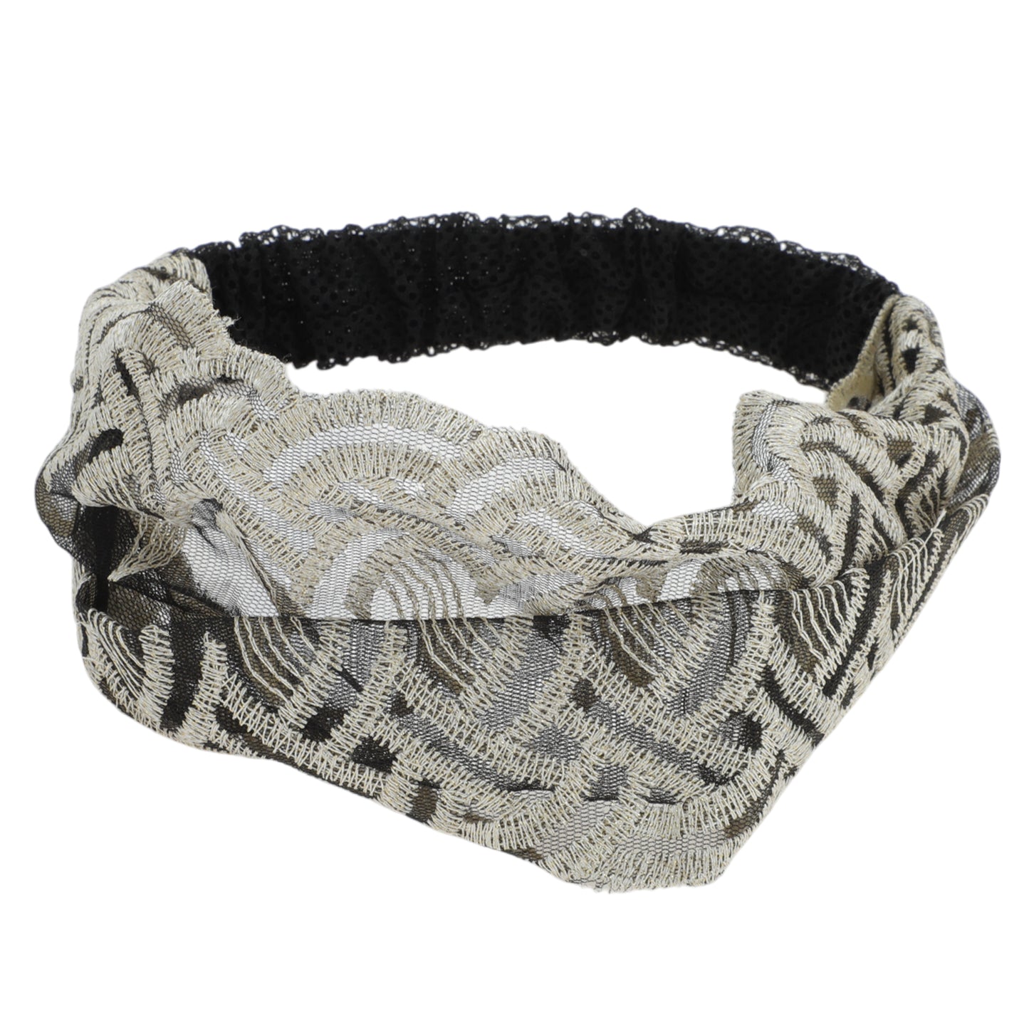 Diadema ancha de encaje con bordado de ondas para mujer, color negro y beige, 1 unidad