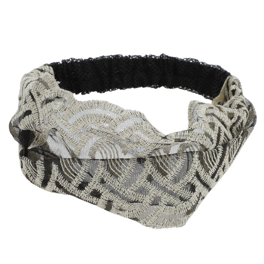 Diadema ancha de encaje con bordado de ondas para mujer, color negro y beige, 1 unidad