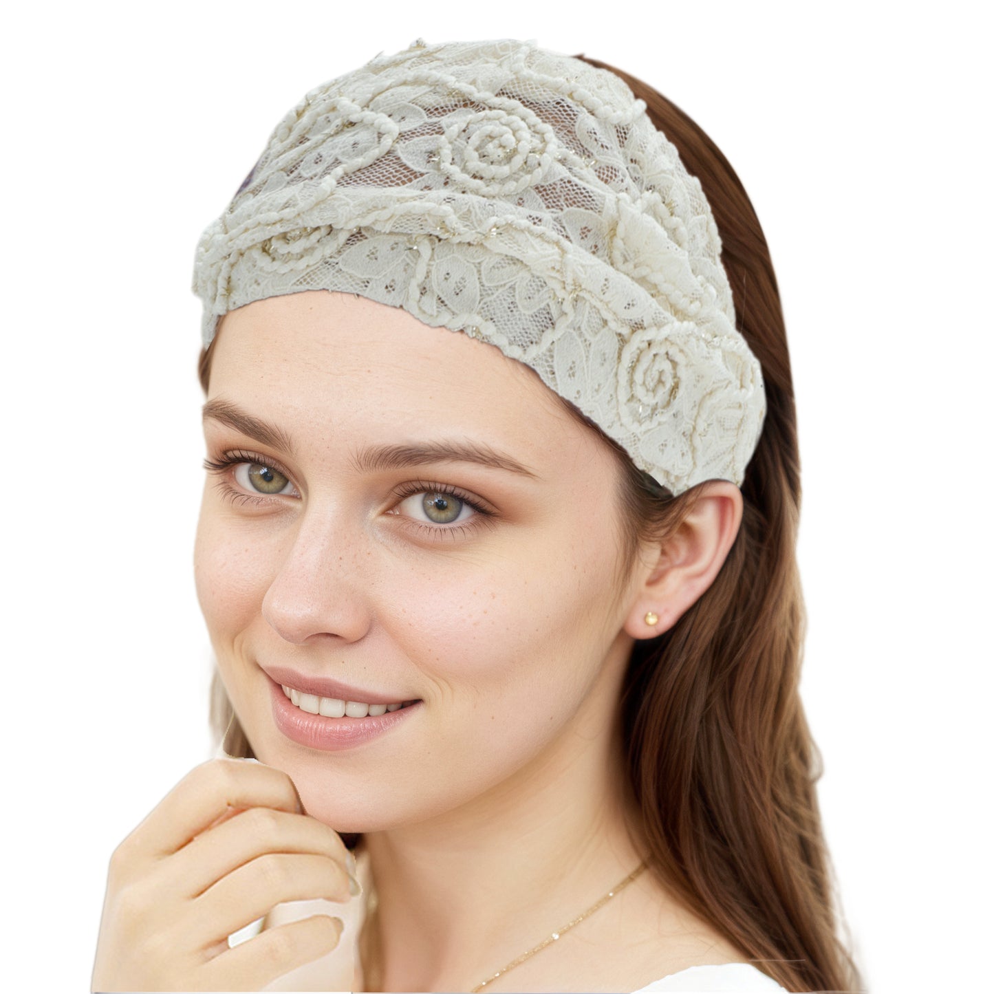 Diadema ancha de encaje de malla floral para mujer beige 1 pieza