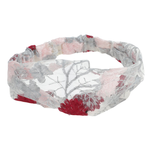 Floral Embroidery Lace Wide Headband for Women Gray Red 1 Pc