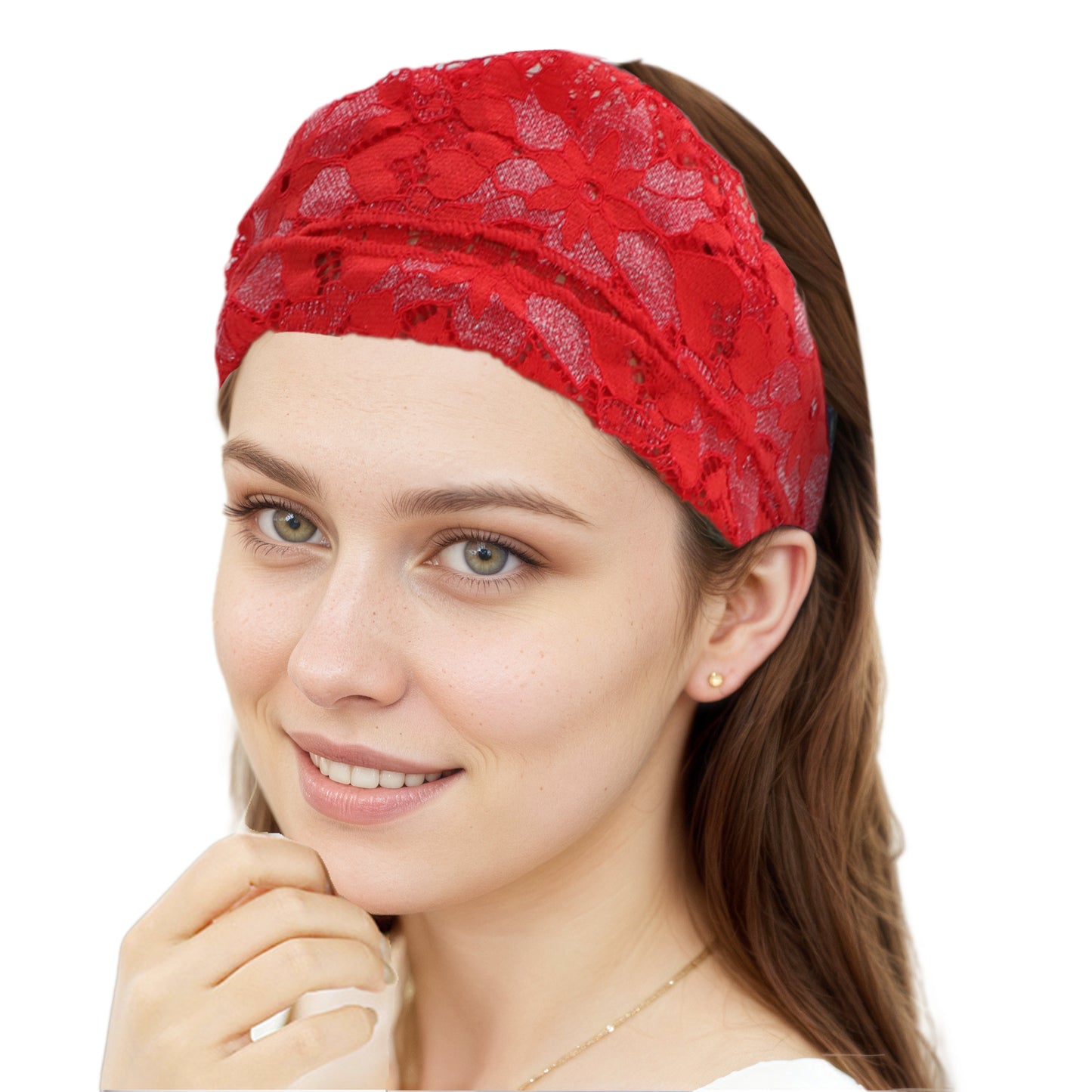 Flowers Stretch Lace Wide Headband for Women Red 1 Pc