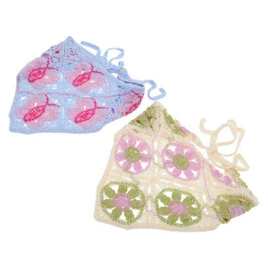 Butterfly Flowers Knitted Triangle Bandana for Women Blue Purple Beige 2 Pcs