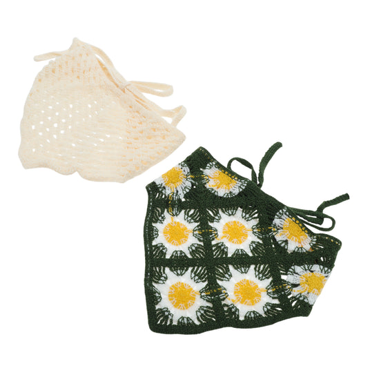 Knitted Triangle Bandana for Women Dark Green Beige 2 Pcs