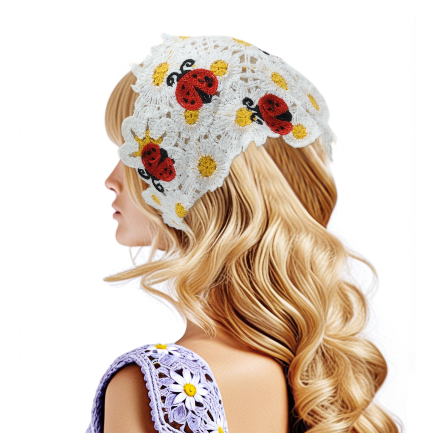 Bandana triangular de punto floral para mujer, color blanco y beige, 2 unidades