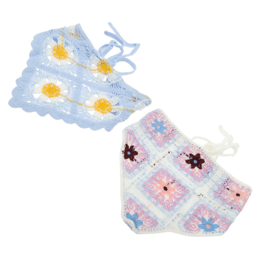 Flower Knitted Triangle Bandana for Women White Purple Sky Blue 2 Pcs