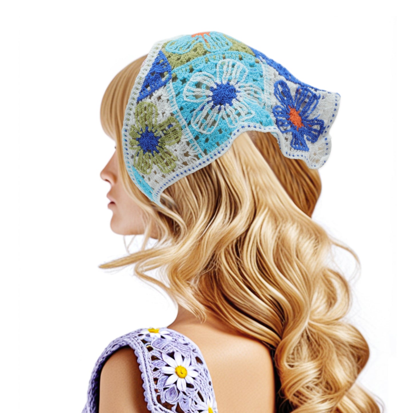 Bandana triangular de punto con flores para mujer, azul y rosa, 2 unidades