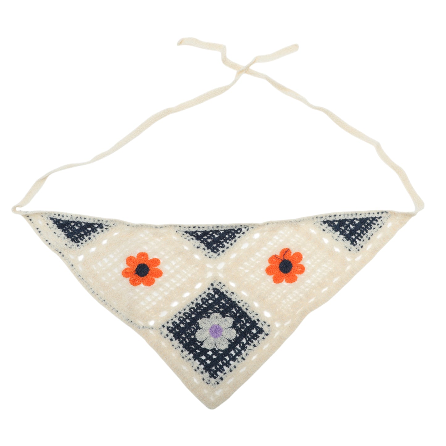 Small Flowers Knitted Triangle Bandana for Women Beige Black 2 Pcs