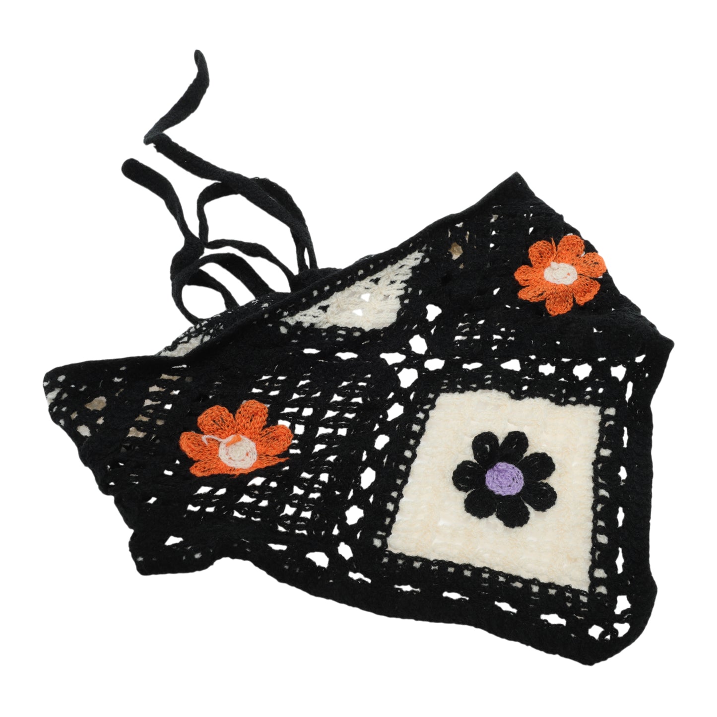 Small Flowers Knitted Triangle Bandana for Women Beige Black 2 Pcs