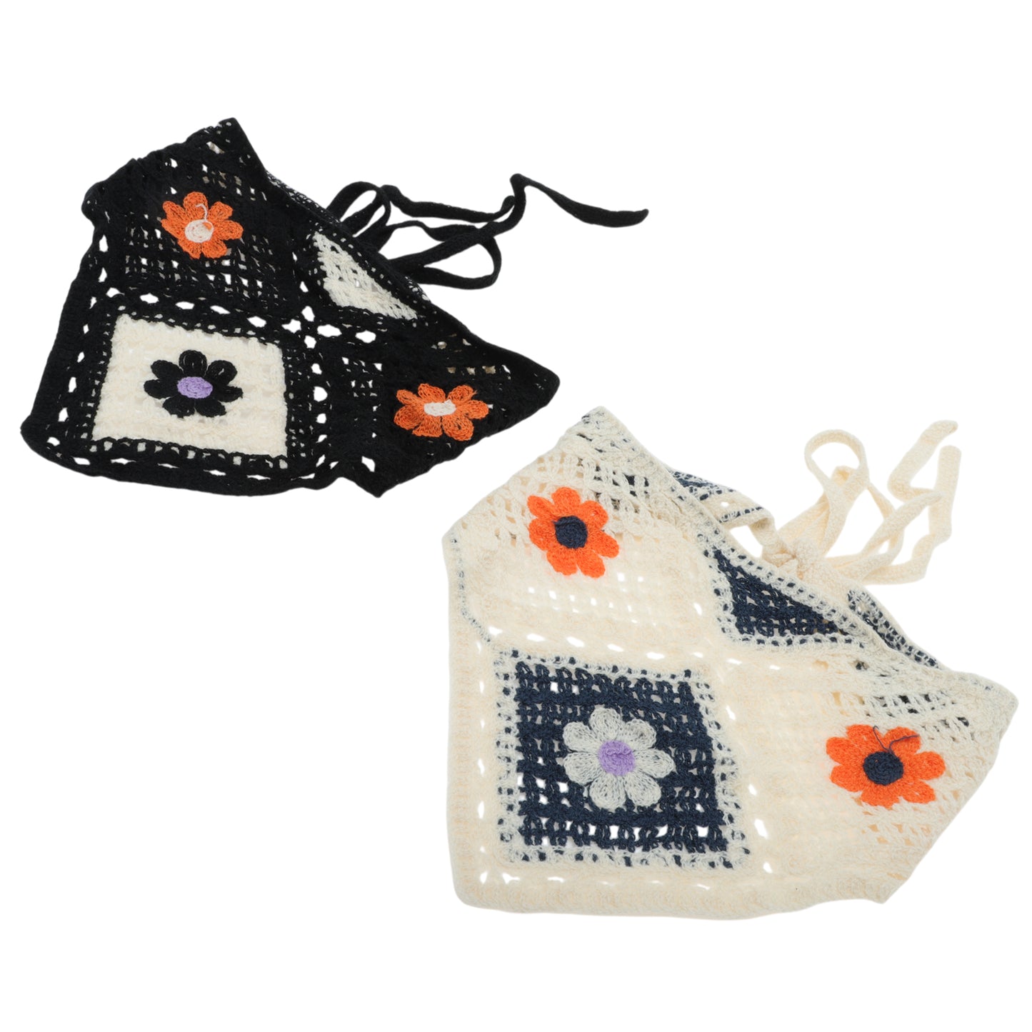 Small Flowers Knitted Triangle Bandana for Women Beige Black 2 Pcs