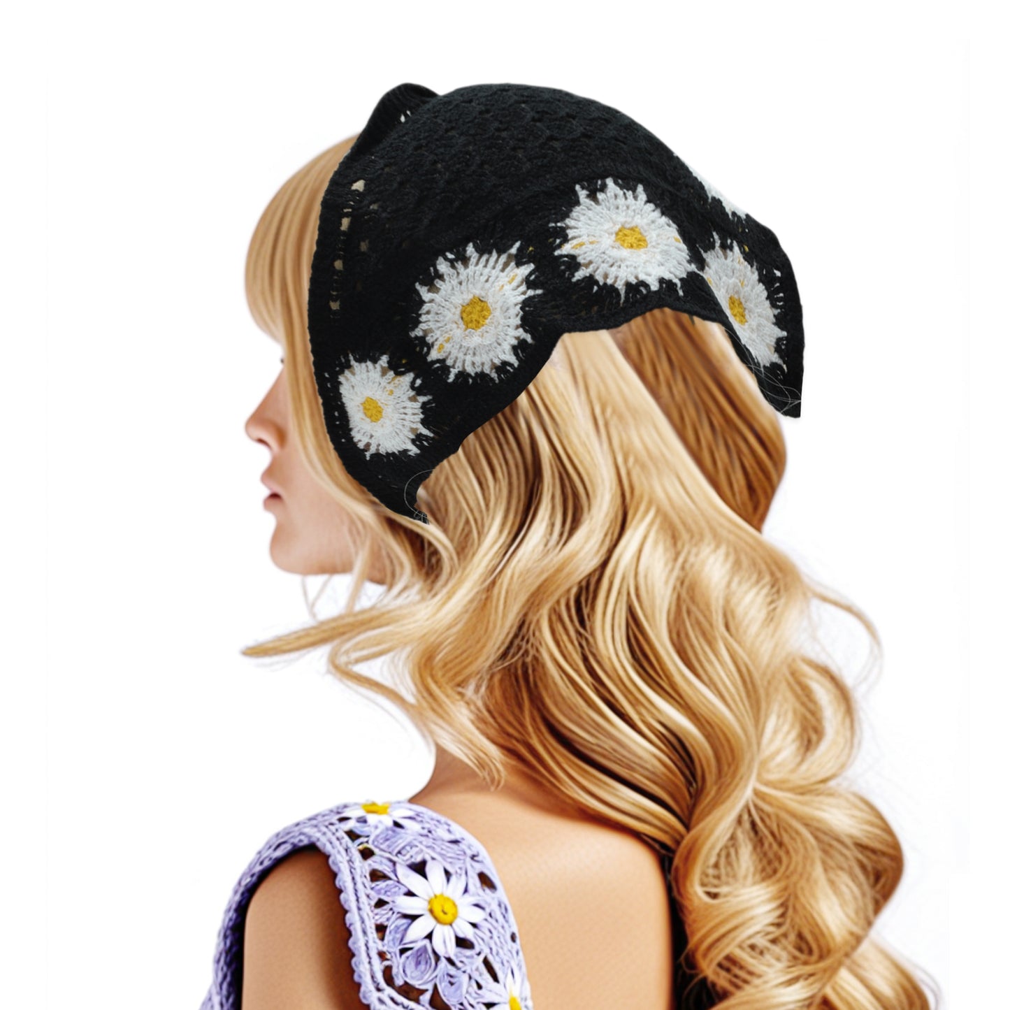 Bandana triangular de punto floral para mujer, beige y negro, 2 unidades