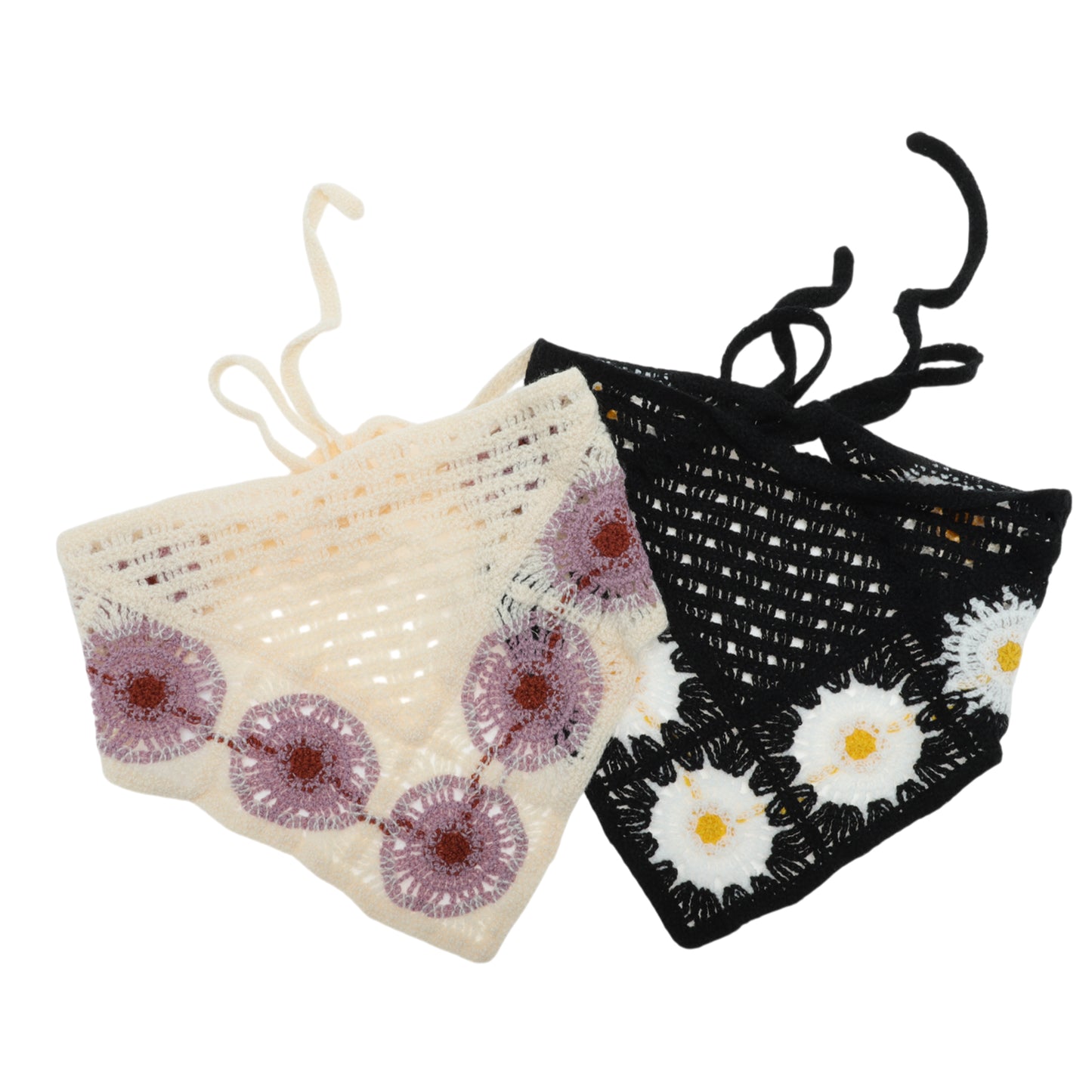 Bandana triangular de punto floral para mujer, beige y negro, 2 unidades
