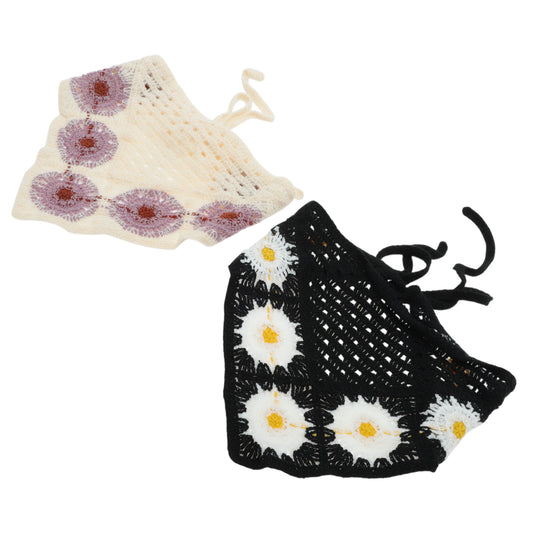 Floral Knitted Triangle Bandana for Women Beige Black 2 Pcs