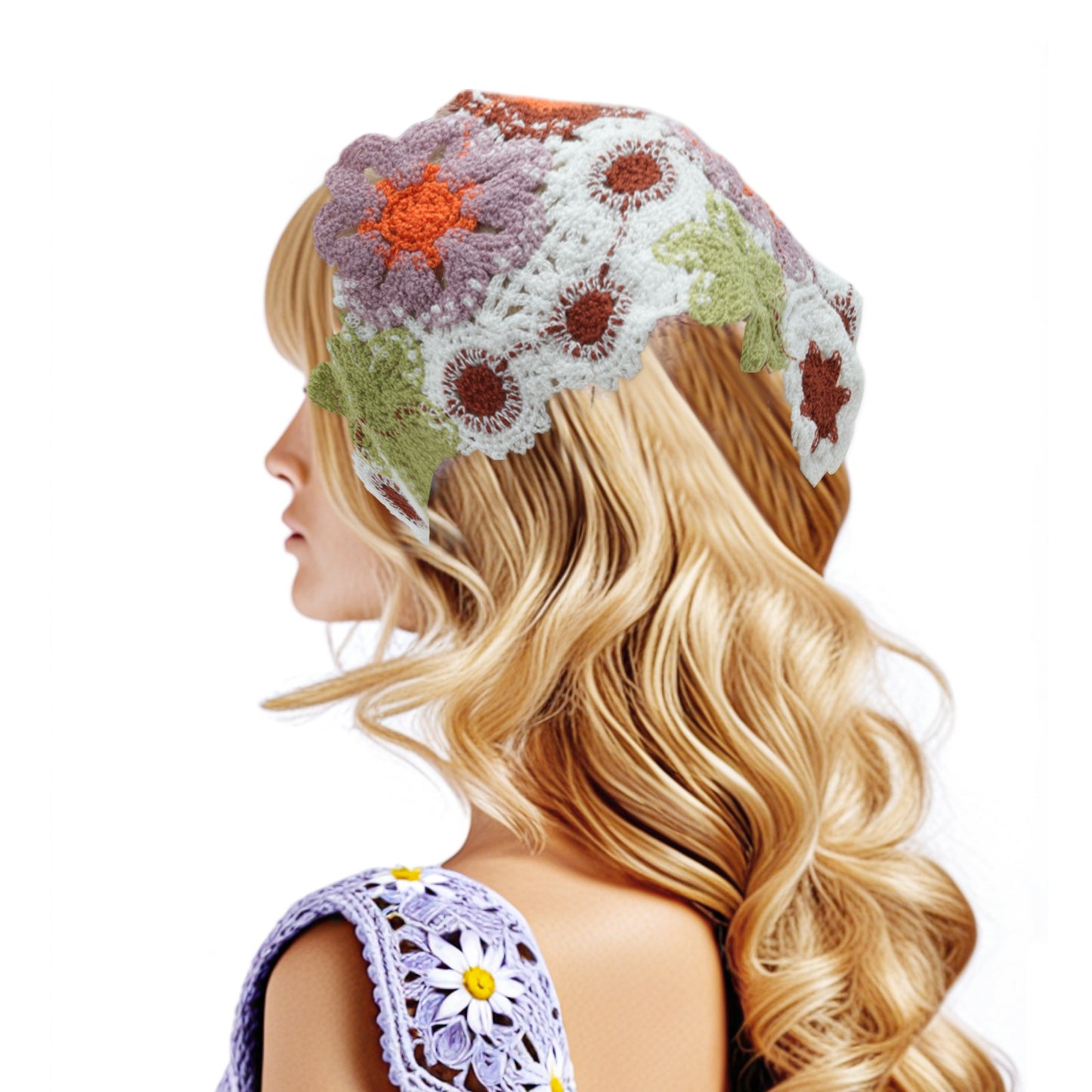 Flowers Knitted Triangle Bandana for Women White Beige 2 Pcs