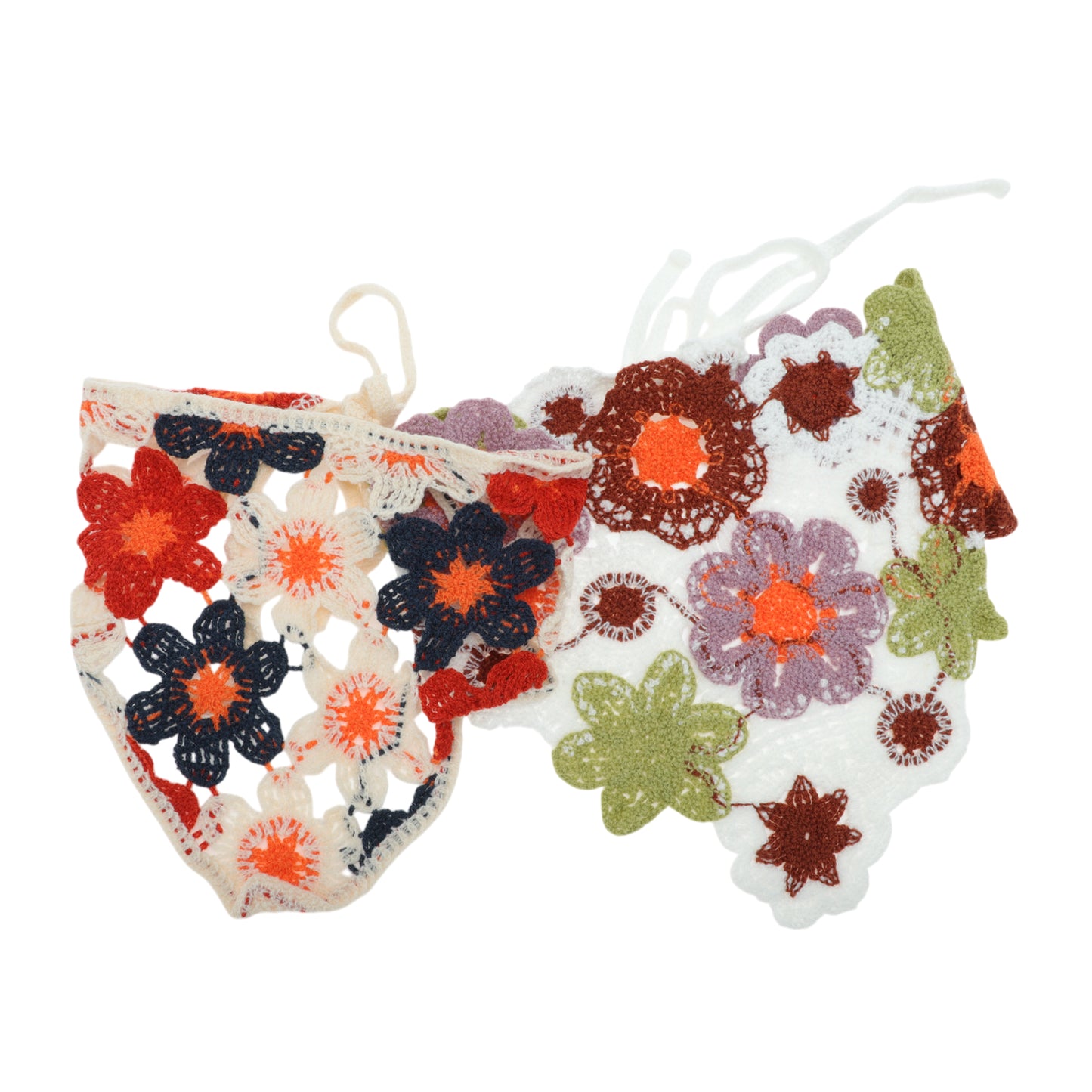Flowers Knitted Triangle Bandana for Women White Beige 2 Pcs