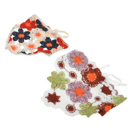 Flowers Knitted Triangle Bandana for Women White Beige 2 Pcs