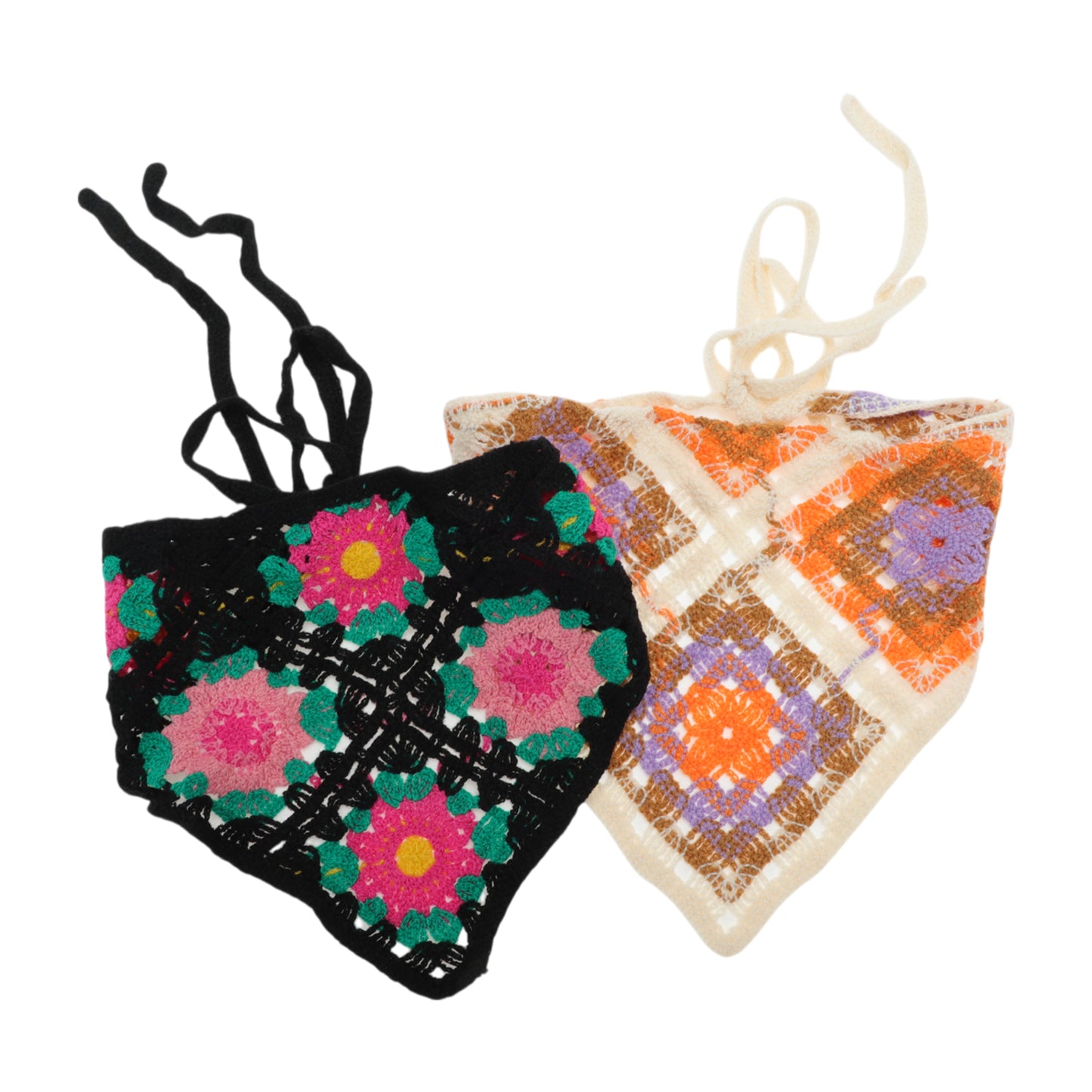 Flowers Grid Knitted Triangle Bandana for Women Black Beige 2 Pcs