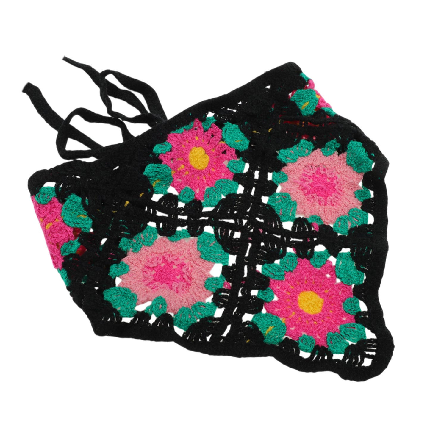 Flowers Grid Knitted Triangle Bandana for Women Black Beige 2 Pcs