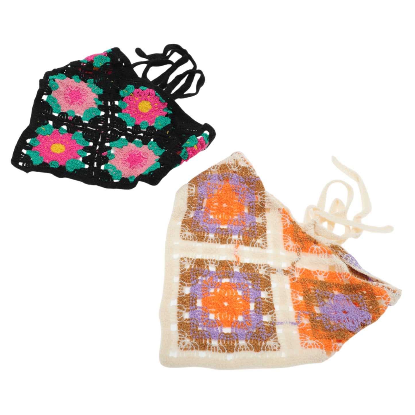 Flowers Grid Knitted Triangle Bandana for Women Black Beige 2 Pcs