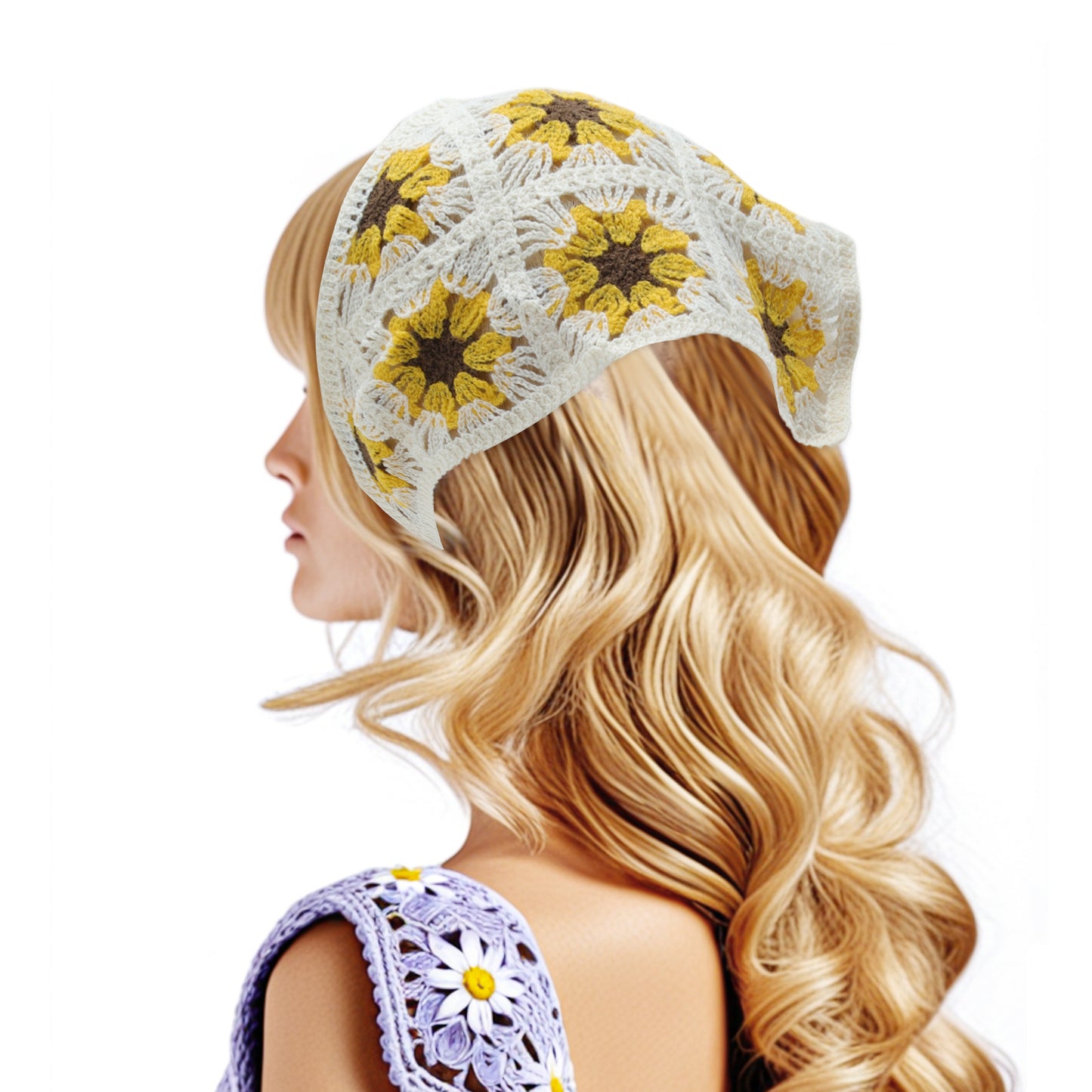 Flowers Knitted Triangle Bandana for Women Beige 2 Pcs