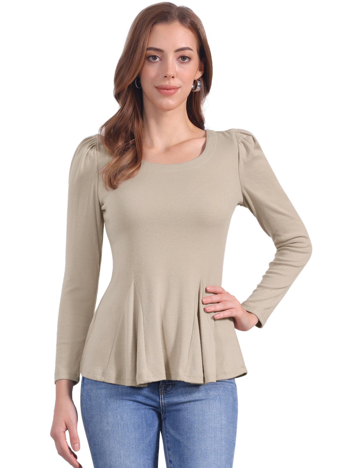 Women's Ruffled Hem Long Sleeve Scoop Neck Casual Peplum Shirt