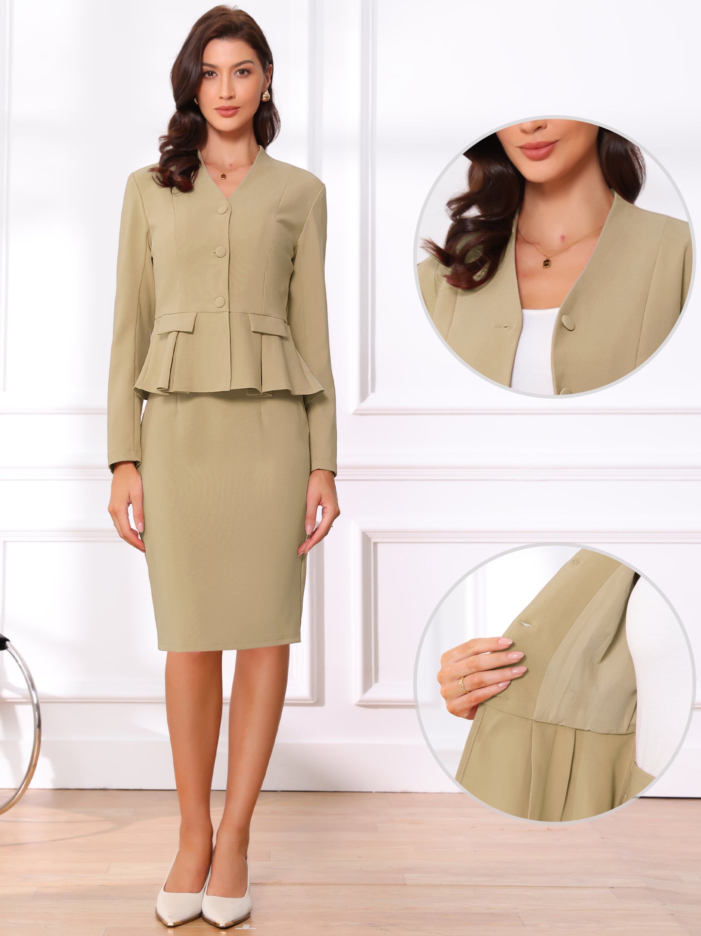 Women's Business 2 Piece Suit Set Long Sleeve Collarless Peplum Blazer Pencil Skirt