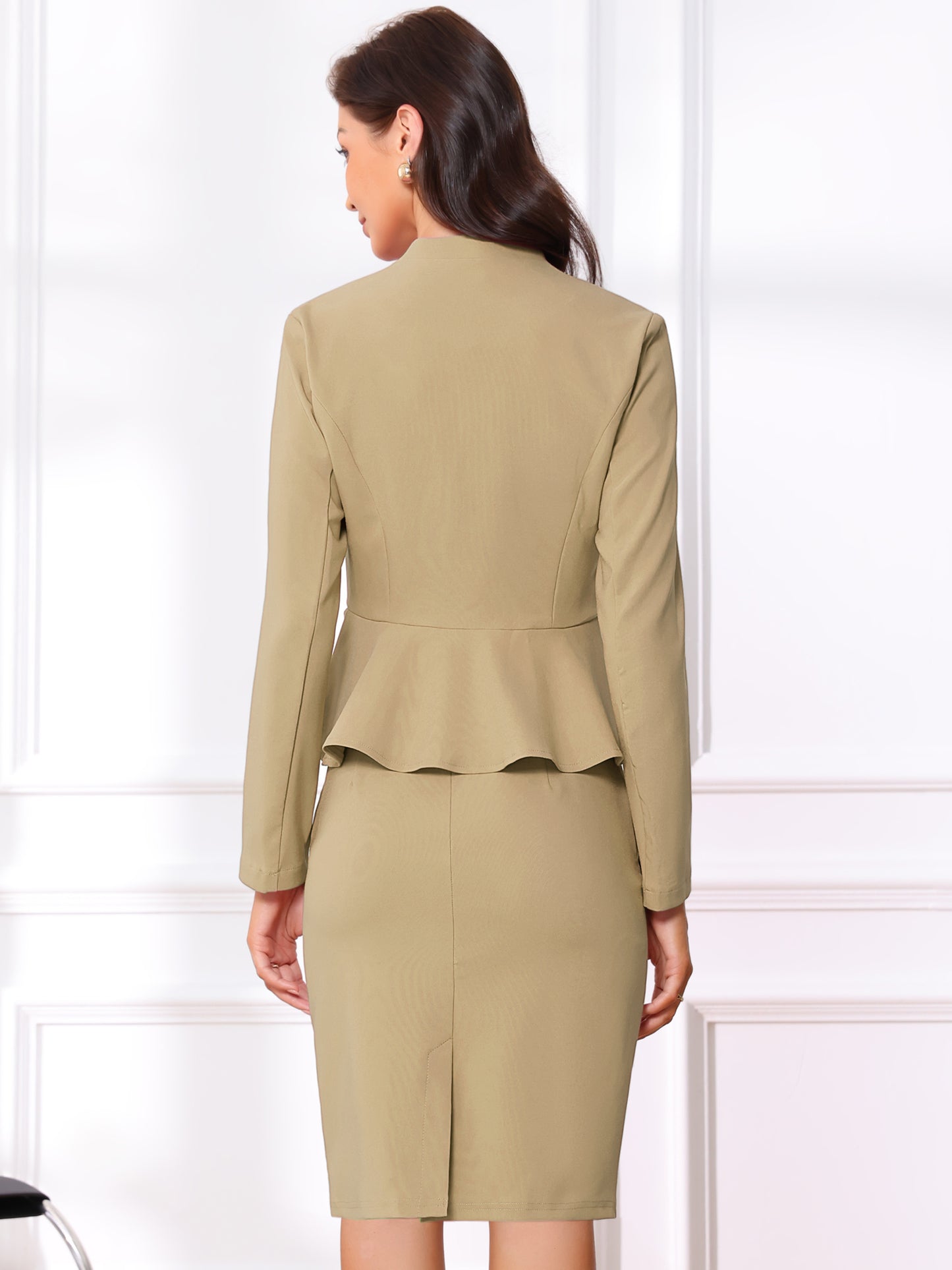 Women's Business 2 Piece Suit Set Long Sleeve Collarless Peplum Blazer Pencil Skirt