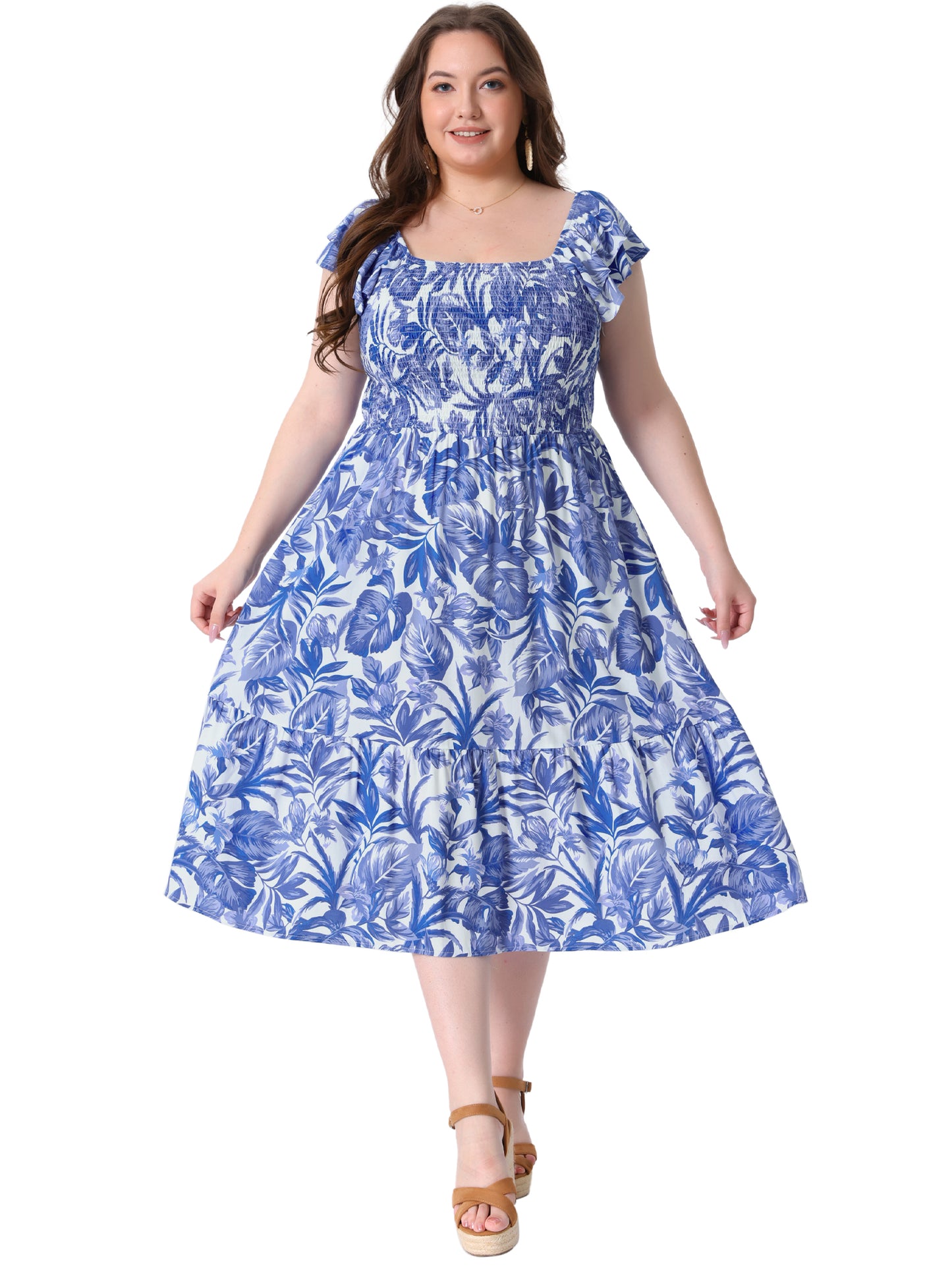 Women's Plus Size Dresses Square Neck Flutter Sleeve Smocked High Waist Flowy Summer Midi Dress