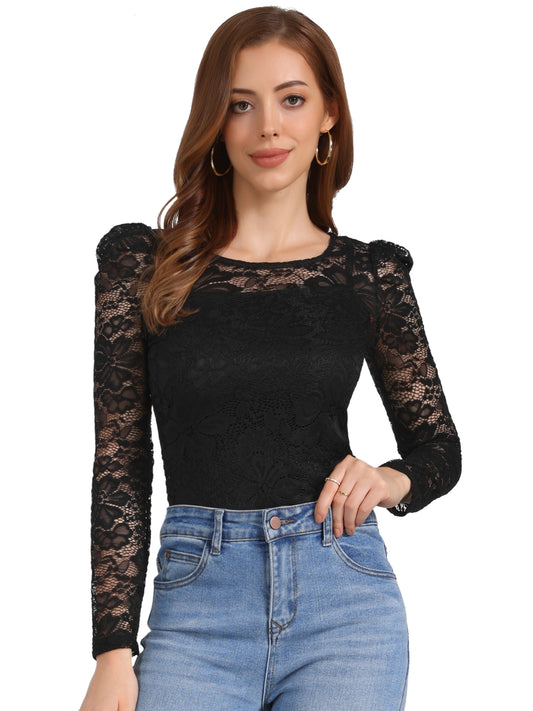 Women's Lace Embroidery Semi Sheer Vintage Puff Sleeve Top