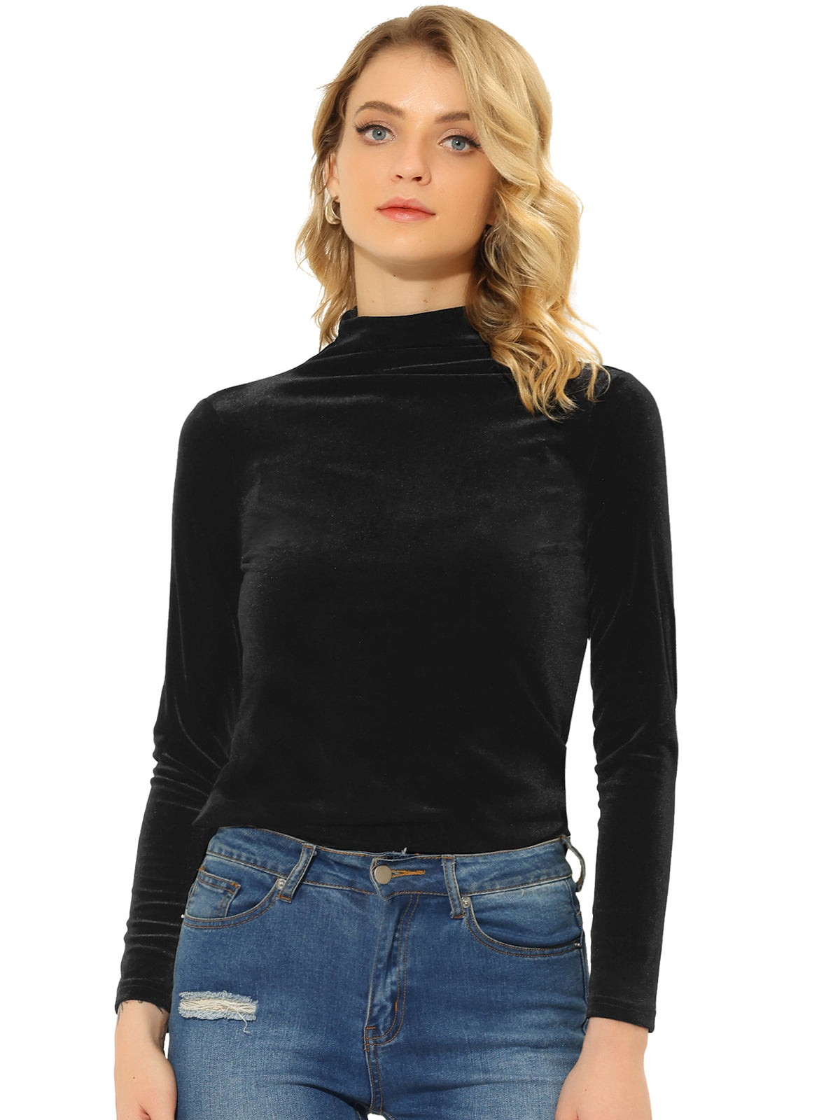 Women's Long Sleeve Shirt Mock Neck Velvet Turtleneck Blouse Tops