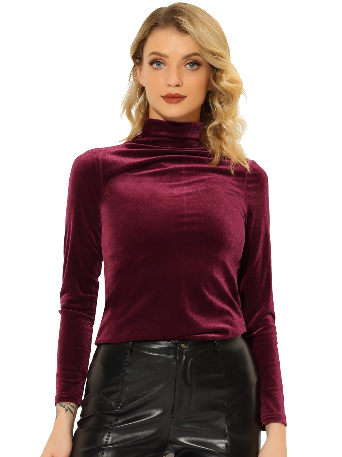 Women's Long Sleeve Shirt Mock Neck Velvet Turtleneck Blouse Tops