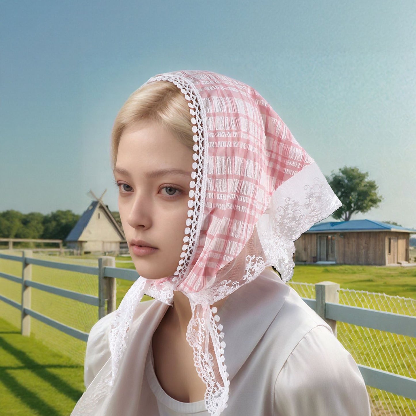 Plaid French Lace Triangle Bandana for Women Pink White 1 Pc