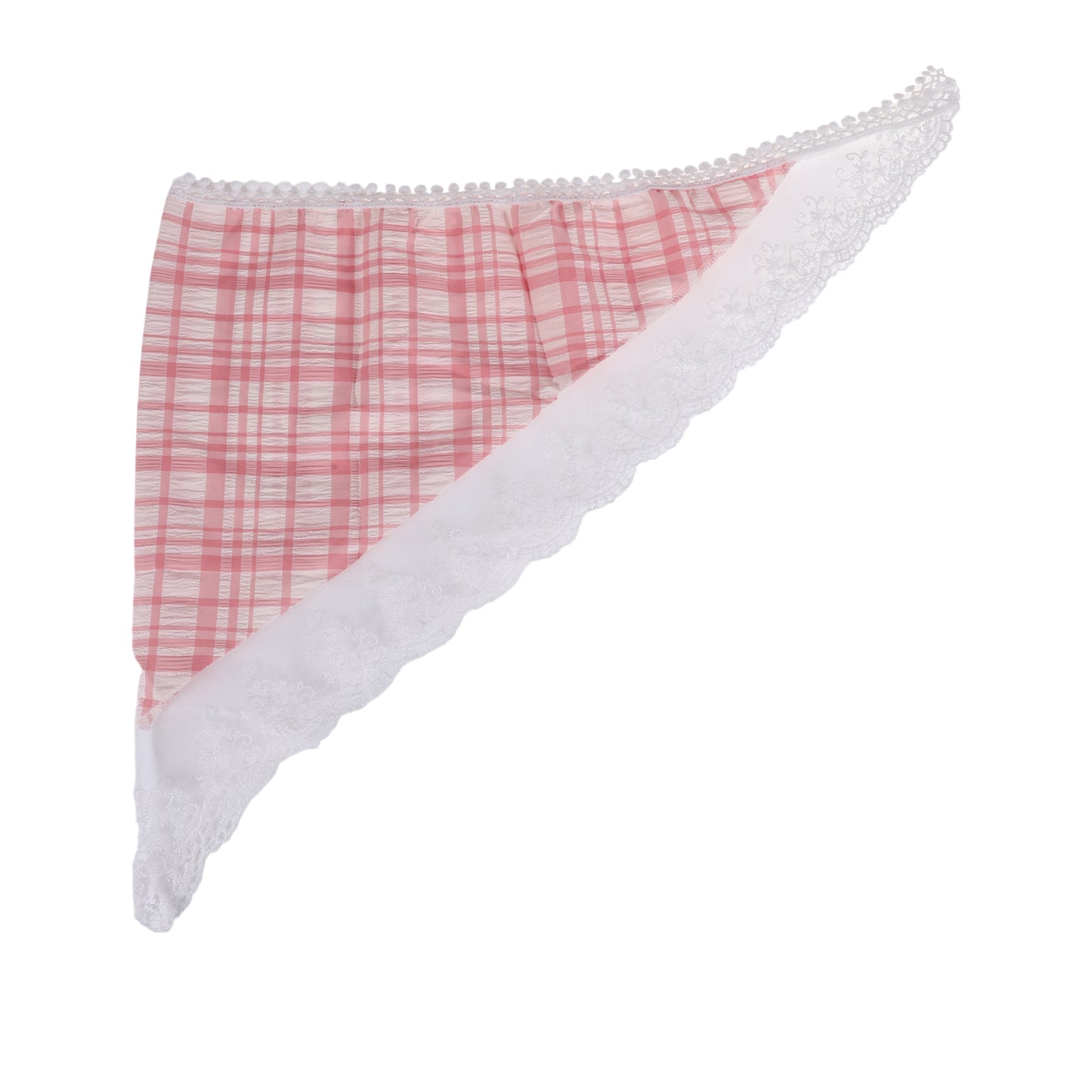 Plaid French Lace Triangle Bandana for Women Pink White 1 Pc