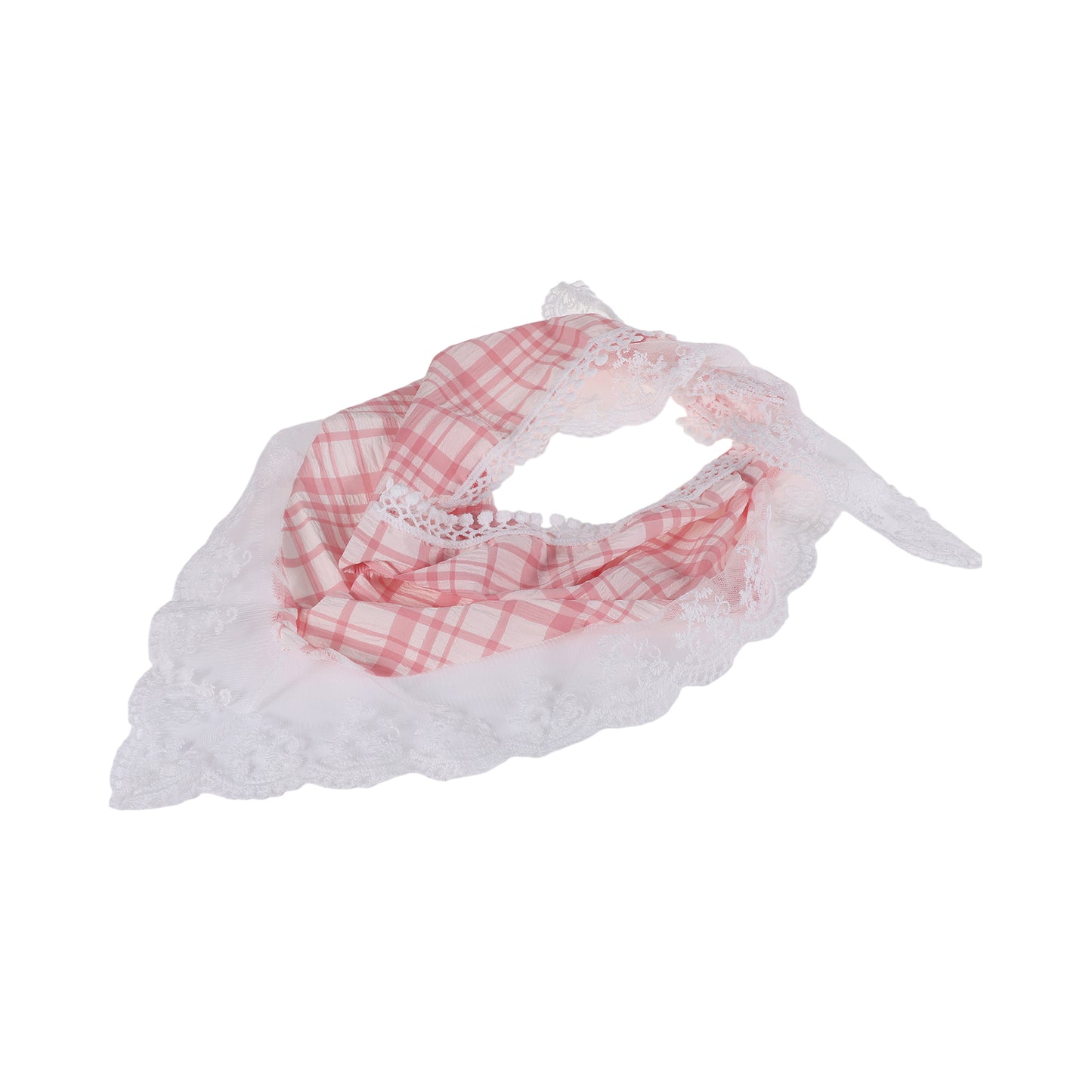 Plaid French Lace Triangle Bandana for Women Pink White 1 Pc