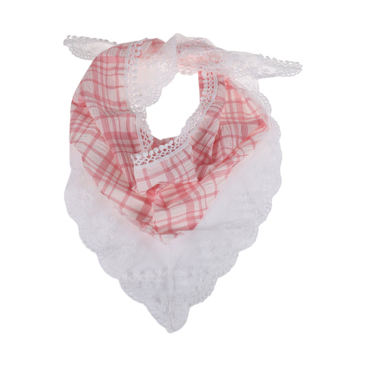 Plaid French Lace Triangle Bandana for Women Pink White 1 Pc