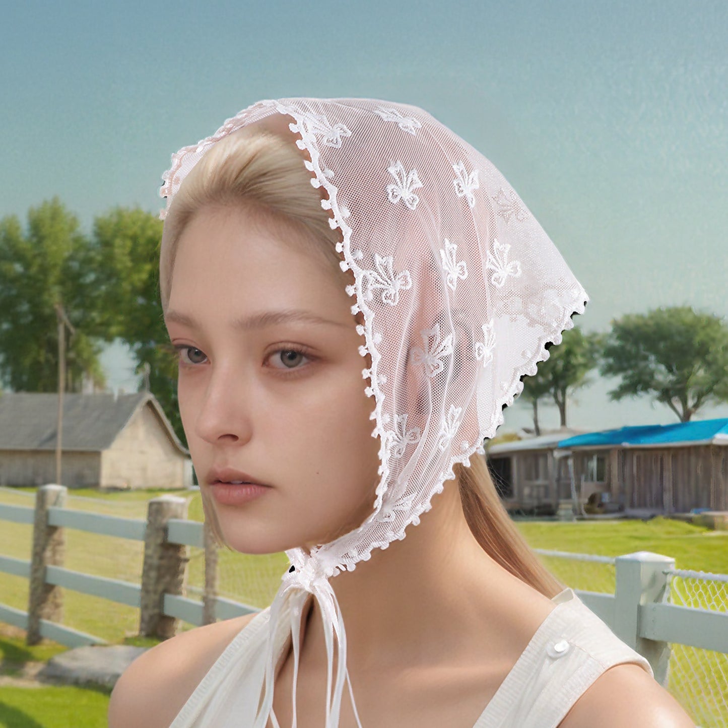 Bow French Lace Triangle Bandana for Women White 1 Pc