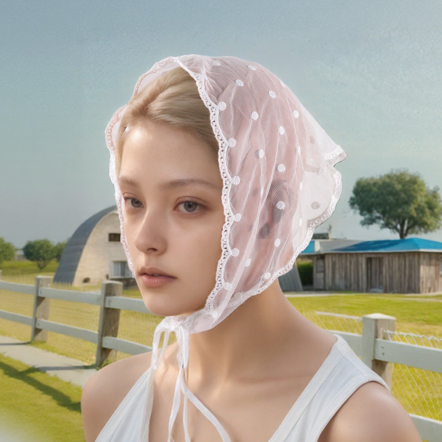 Dots French Lace Triangle Bandana for Women White 1 Pc