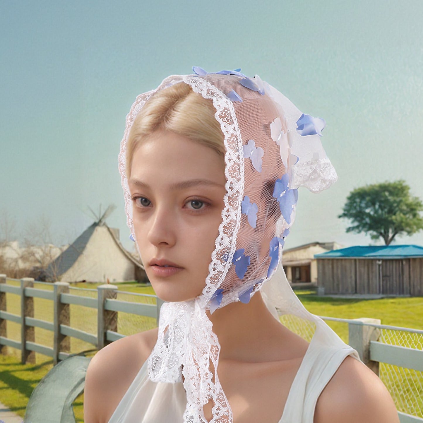 Butterfly French Lace Triangle Bandana for Women Beige Purple 1 Pc