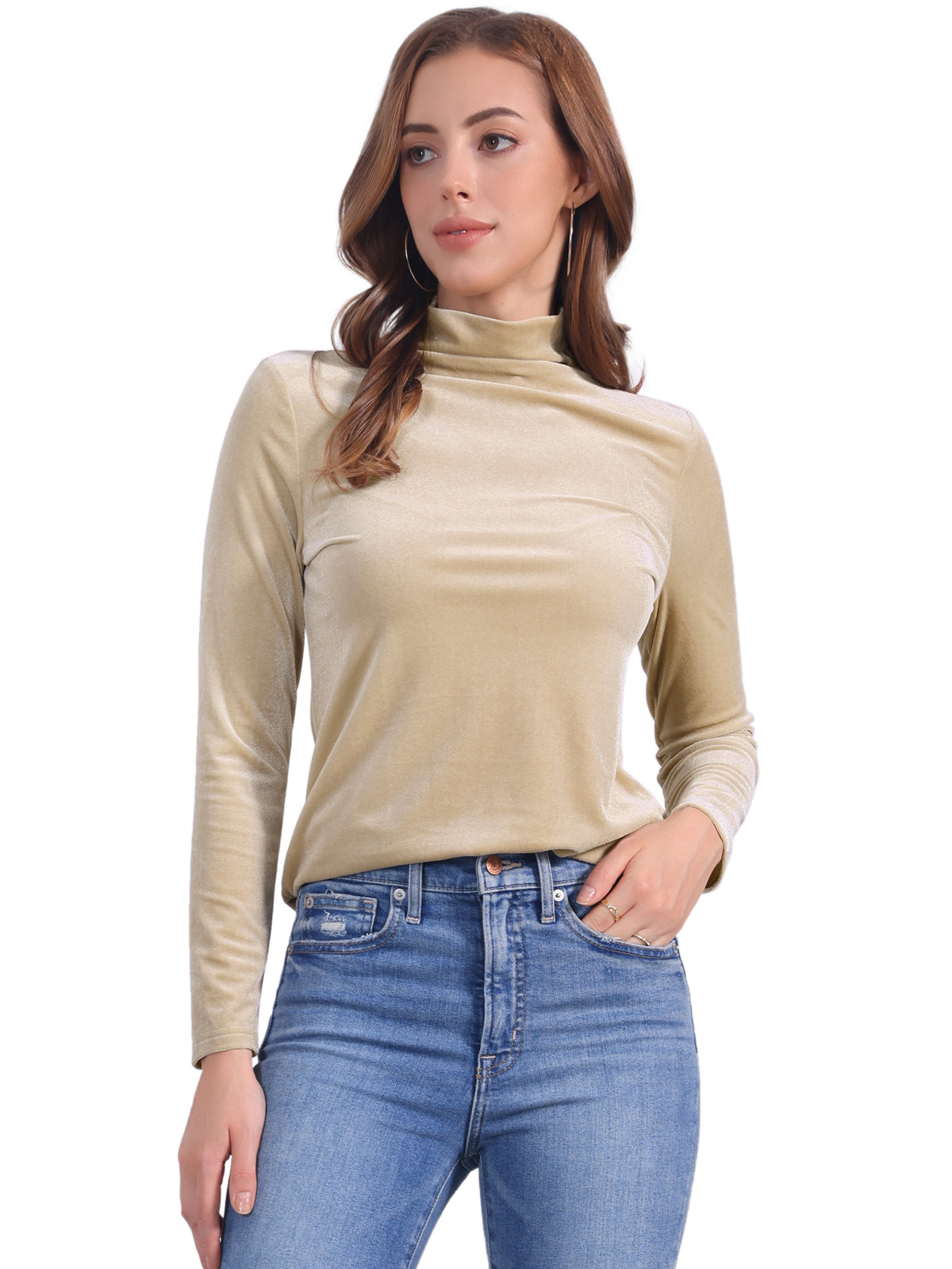 Women's Long Sleeve Shirt Mock Neck Velvet Turtleneck Blouse Tops